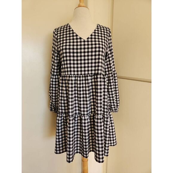 Blk/Wht Buffalo Plaid Riered Baby Doll Dress - Picture 1 of 9